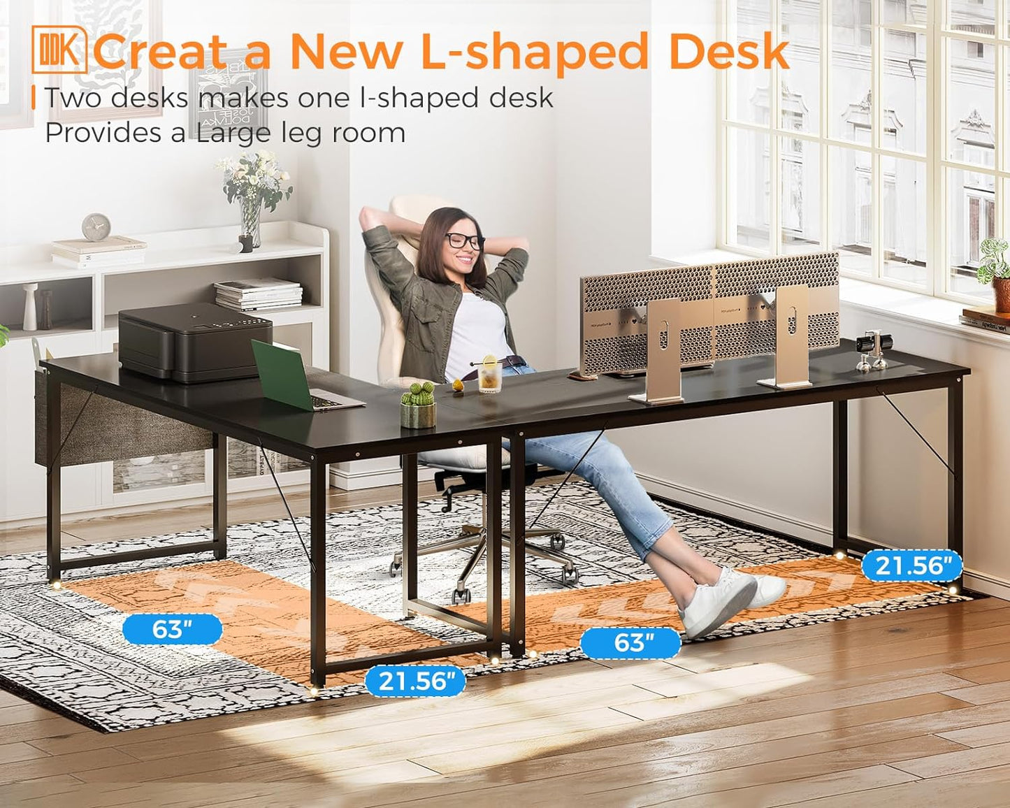 Computer Desk Large Office Desk, 63 Inch Gaming Desk with Storage, Modern PC Desk Work Table with Headphone Hook for Home Office, Black