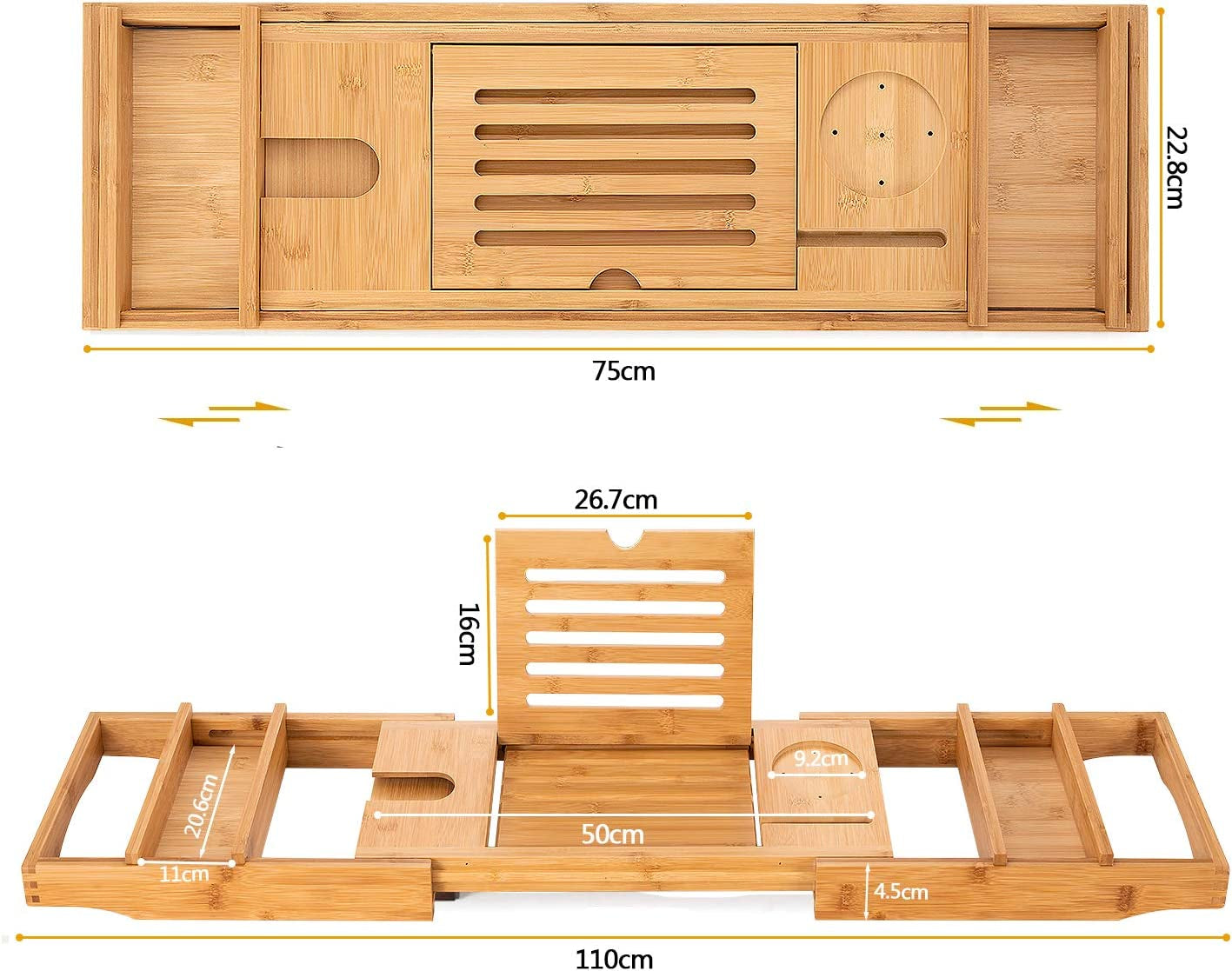 Bamboo Bathtub Caddy Tray with Extending Sides, Cellphone Tray and Wineglass Holder,Free Soap Holder