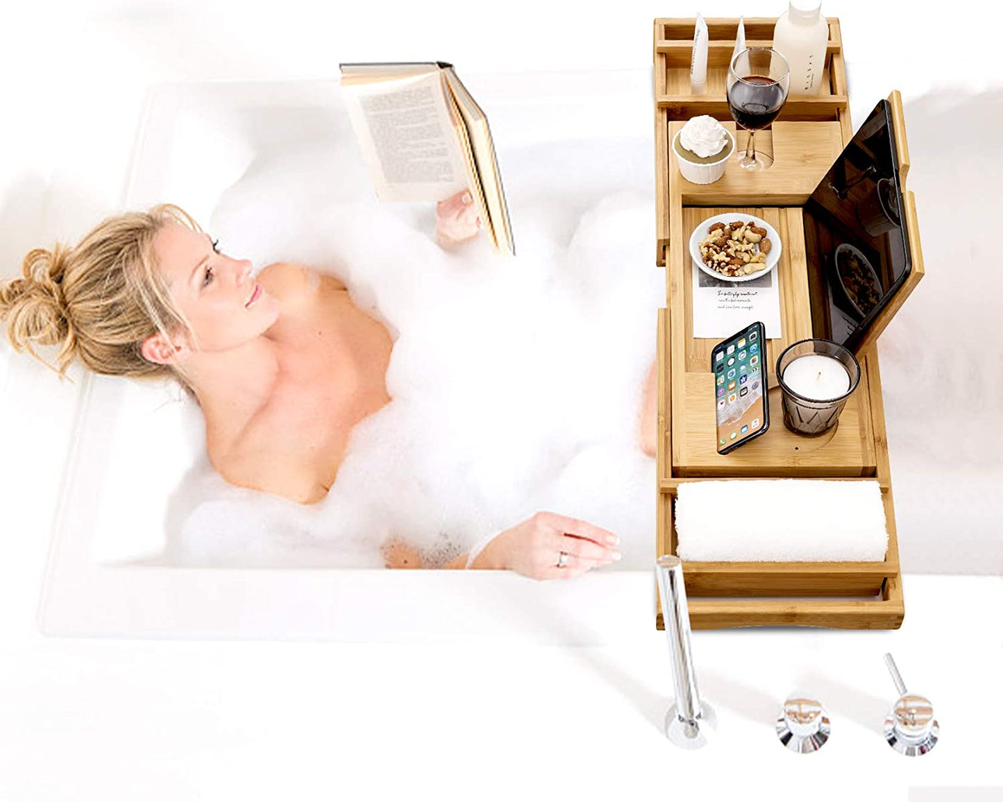 Bamboo Bathtub Caddy Tray with Extending Sides, Cellphone Tray and Wineglass Holder,Free Soap Holder