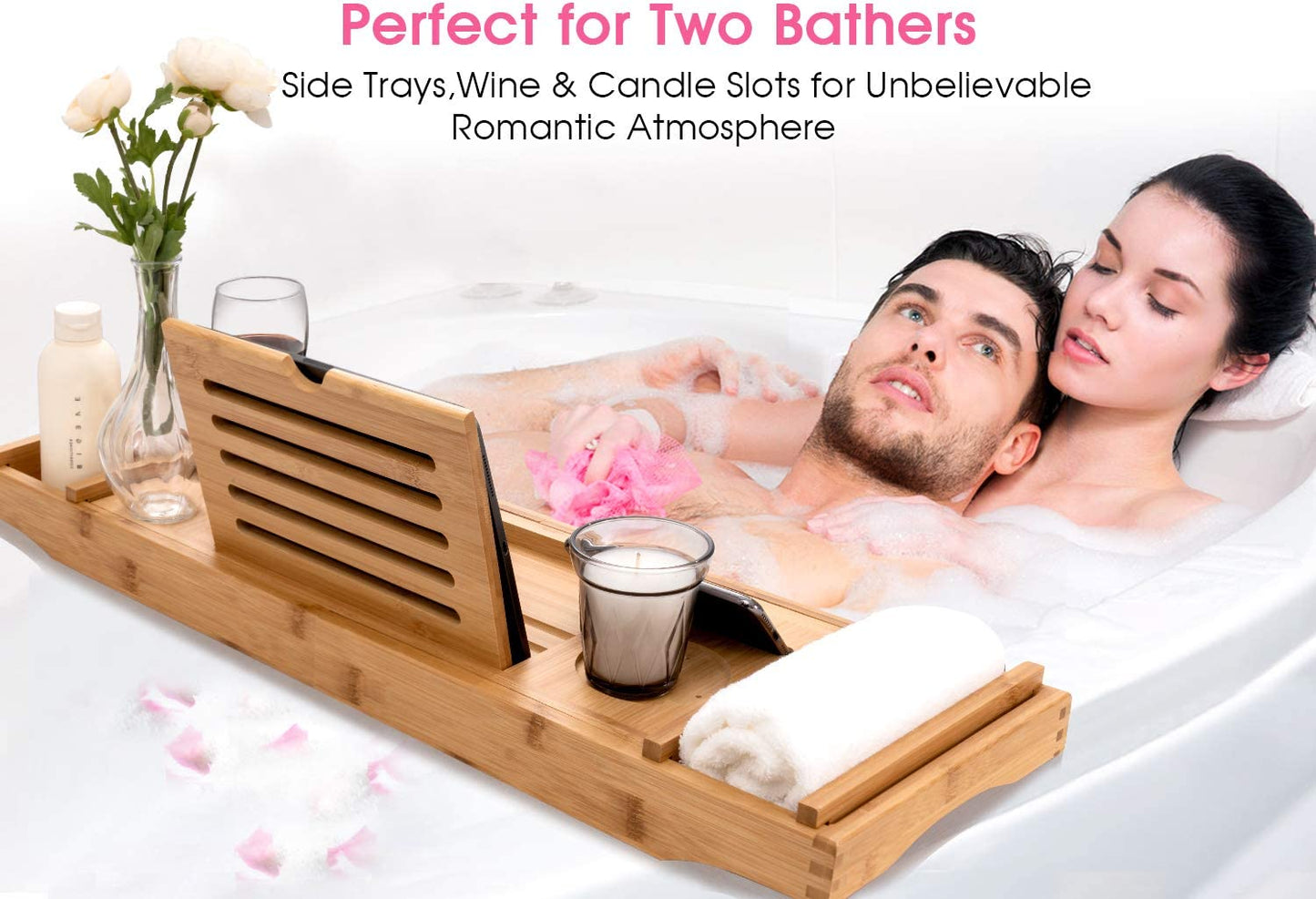 Bamboo Bathtub Caddy Tray with Extending Sides, Cellphone Tray and Wineglass Holder,Free Soap Holder