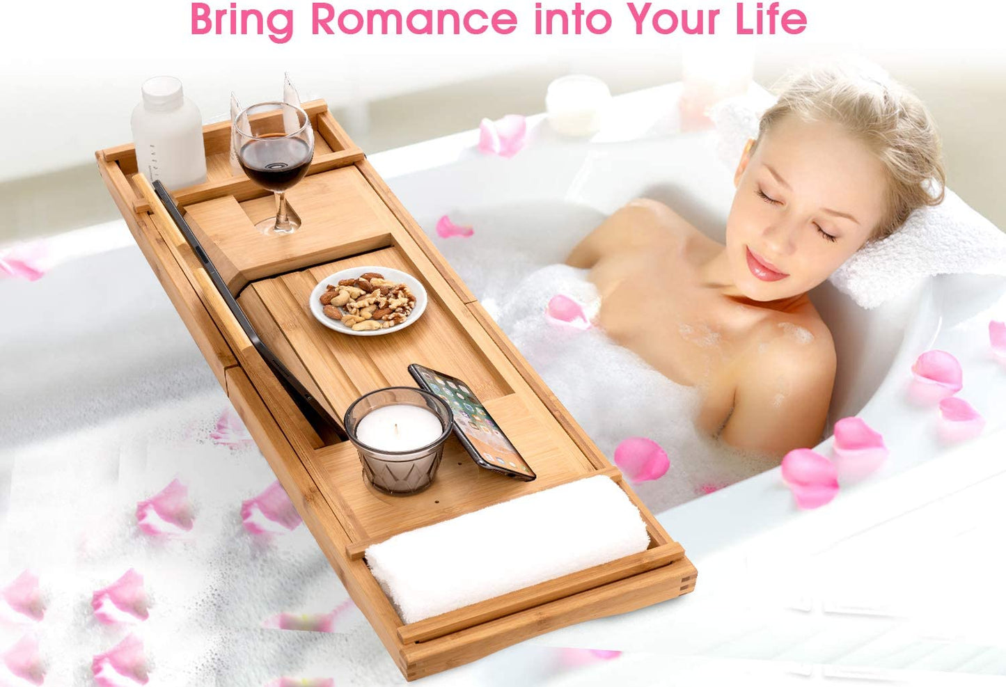 Bamboo Bathtub Caddy Tray with Extending Sides, Cellphone Tray and Wineglass Holder,Free Soap Holder