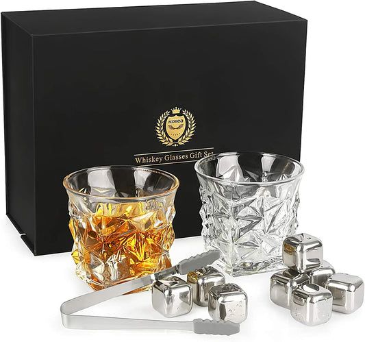 Whiskey Gifts for Men Dad,  Whiskey Glasses Set with 8 Reusable Whiskey Stones, Drinking Gifts for Boyfriend Him, Cool Whiskey Gifts for Birthday House Warming Anniversary Christmas, 11Oz