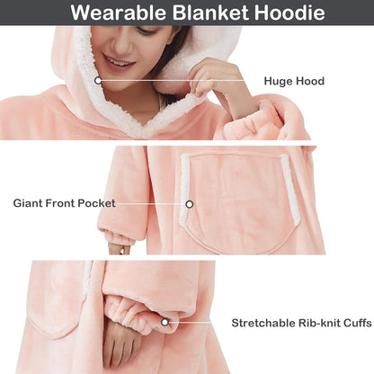 Blanket Hoodie, Oversized Sherpa Fleece Wearable Blanket for Women & Men, Super Warm and Cozy Plush Flannel Hooded Blanket, Sweatshirt Gift with Giant Pocket, One Size Fits All, Pink