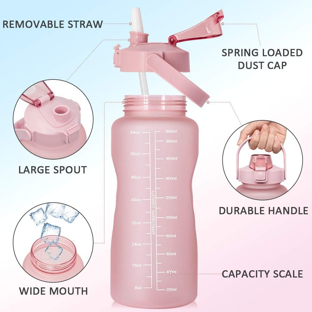 Half Gallon Water Bottle with Sleeve 64 OZ Water Bottle with Straw & Time Marker to Drink Leakproof Motivational Water Jug with Insulated Holder for Women Men Workout Gym Sport