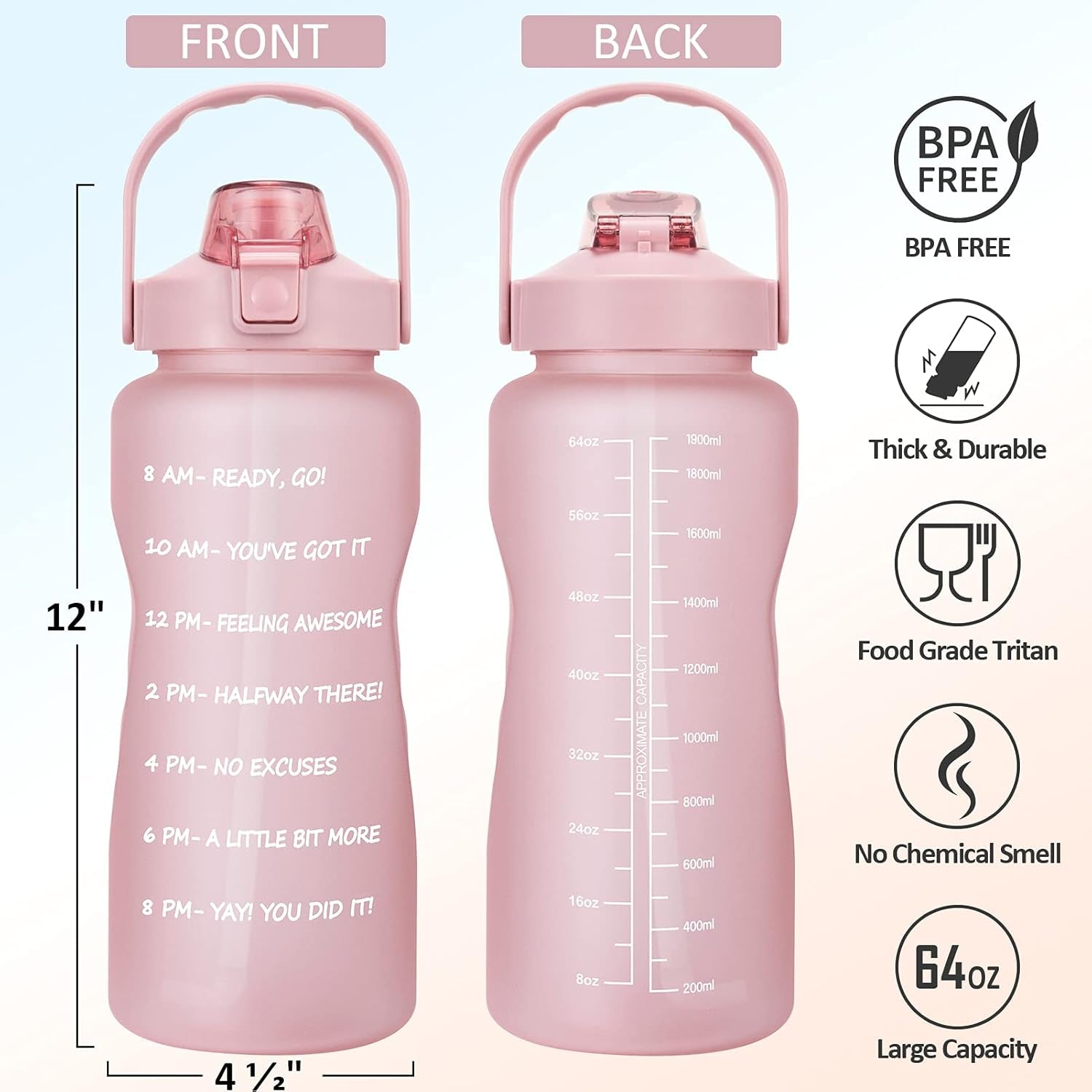 Half Gallon Water Bottle with Sleeve 64 OZ Water Bottle with Straw & Time Marker to Drink Leakproof Motivational Water Jug with Insulated Holder for Women Men Workout Gym Sport