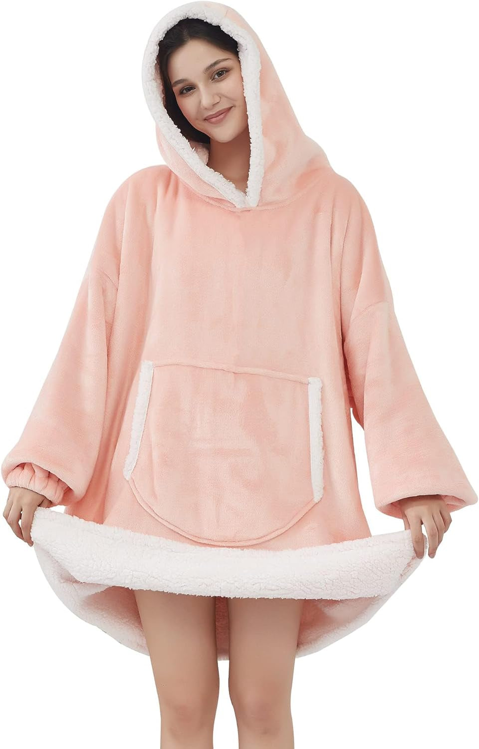 Blanket Hoodie, Oversized Sherpa Fleece Wearable Blanket for Women & Men, Super Warm and Cozy Plush Flannel Hooded Blanket, Sweatshirt Gift with Giant Pocket, One Size Fits All, Pink