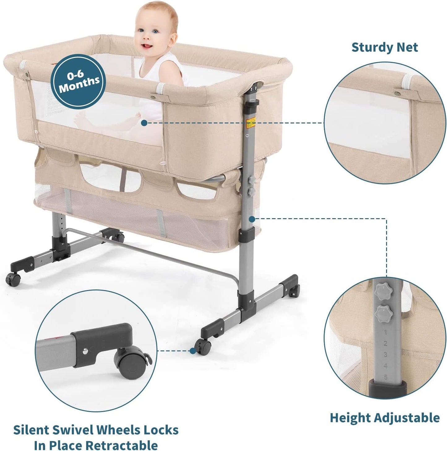 3In1 Bedside Crib for Girl or Boy, Bedside Sleeper for Baby Portable and Adjustable Crib with Mosquito Net for Newborn Baby,Deep Khaki