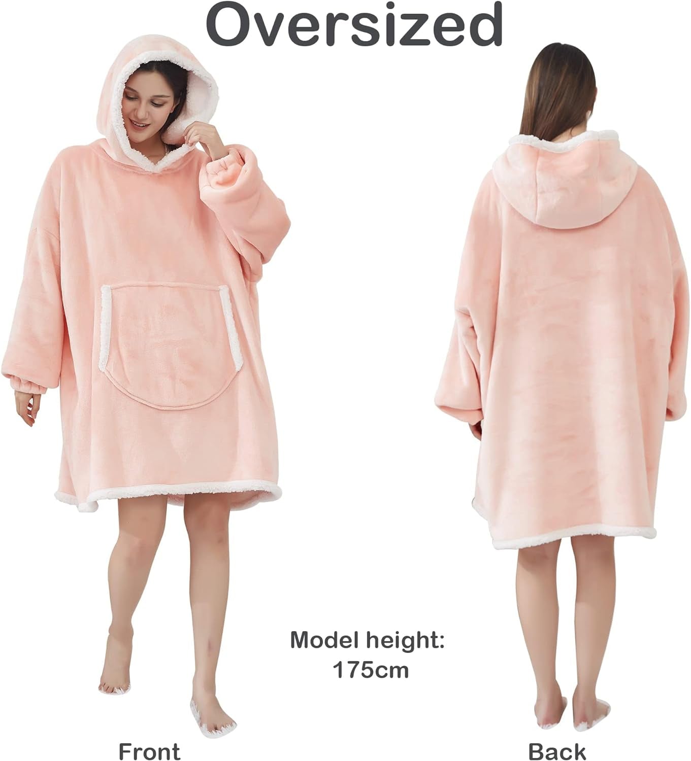 Blanket Hoodie, Oversized Sherpa Fleece Wearable Blanket for Women & Men, Super Warm and Cozy Plush Flannel Hooded Blanket, Sweatshirt Gift with Giant Pocket, One Size Fits All, Pink