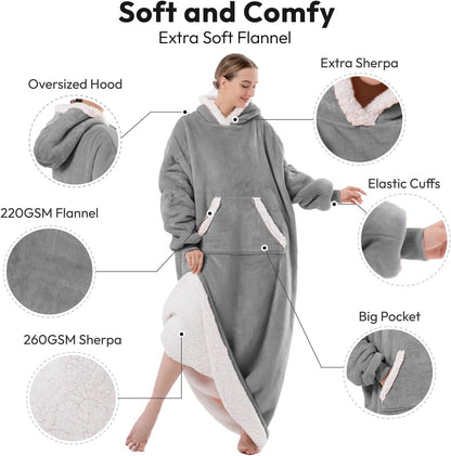 Wearable Blanket Hoodie for Women/Kids/Men, Oversized & Cozy Sherpa Lined Hoodie Sweatshirt Blanket