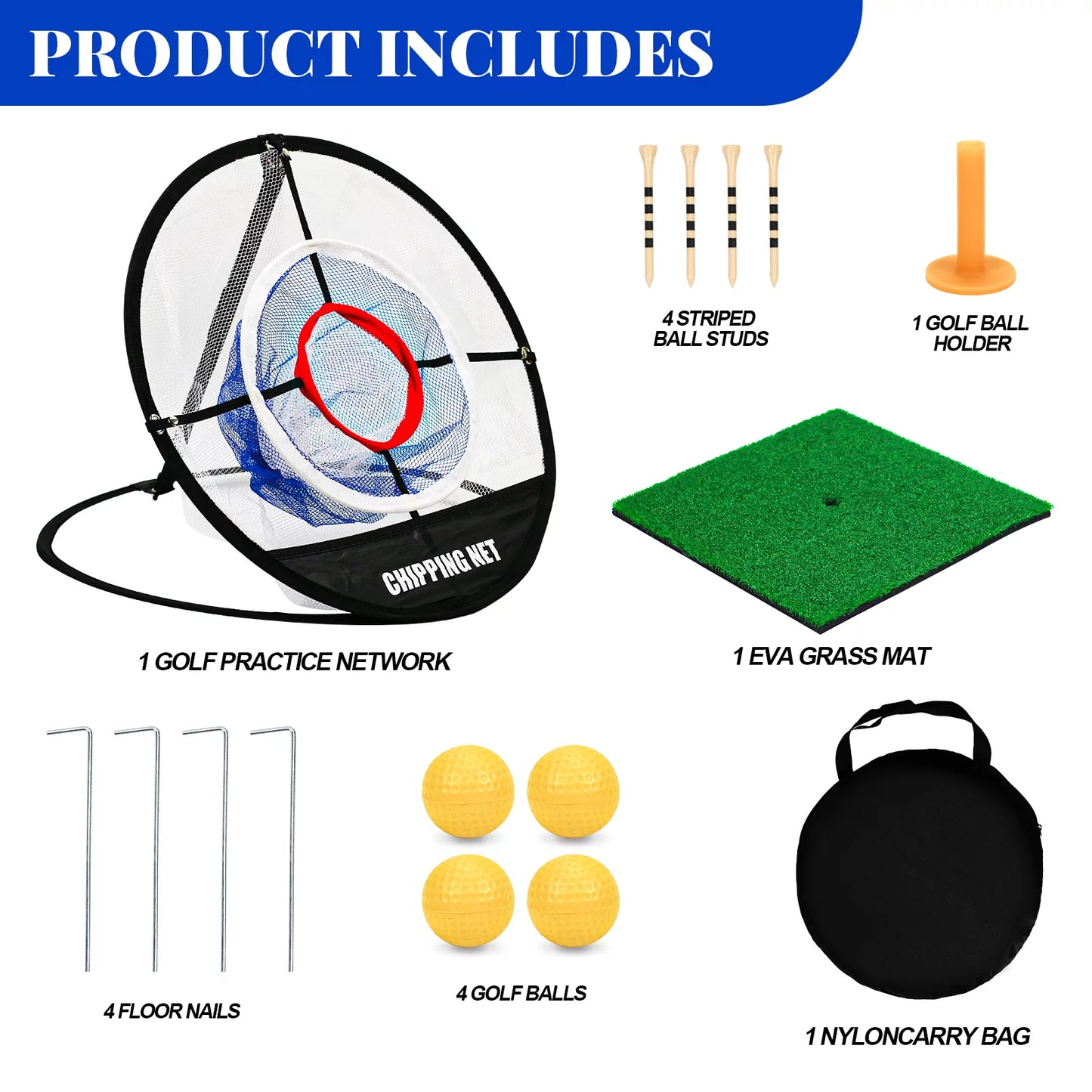 Golf Practice Chipping Net with Golf Hitting Mat, Pop up Golf Nets Portable Chipping Net Golf Target Wooden Tees Rubber Tee Holder Golf Balls Fixed Parts for Swing Training Golf Chipping Game