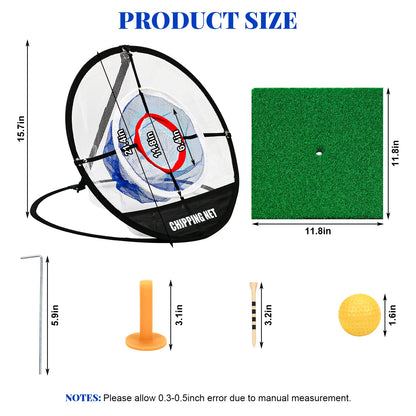 Golf Practice Chipping Net with Golf Hitting Mat, Pop up Golf Nets Portable Chipping Net Golf Target Wooden Tees Rubber Tee Holder Golf Balls Fixed Parts for Swing Training Golf Chipping Game