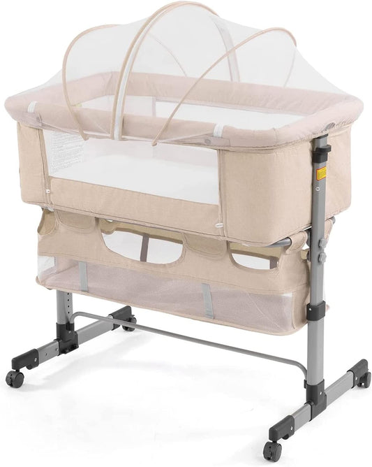 3In1 Bedside Crib for Girl or Boy, Bedside Sleeper for Baby Portable and Adjustable Crib with Mosquito Net for Newborn Baby,Deep Khaki